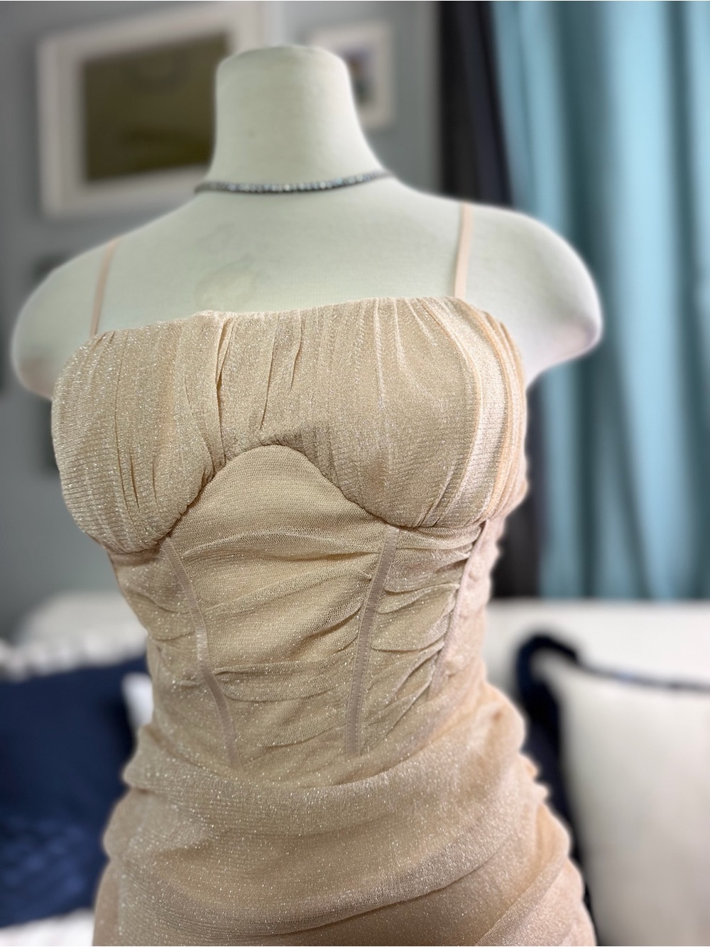 Champagne Shimmer Ruched Slip Dress in Nude - Picture 4 of 9